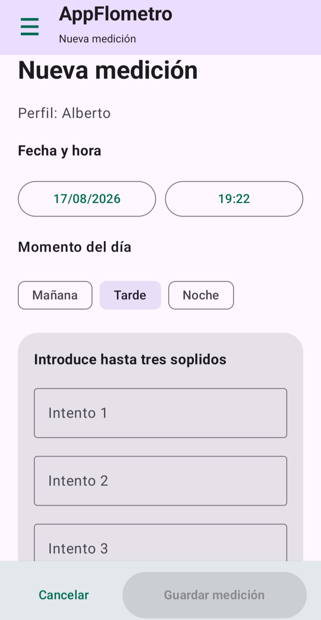 Pantalla Nueva medición de AppFlometro